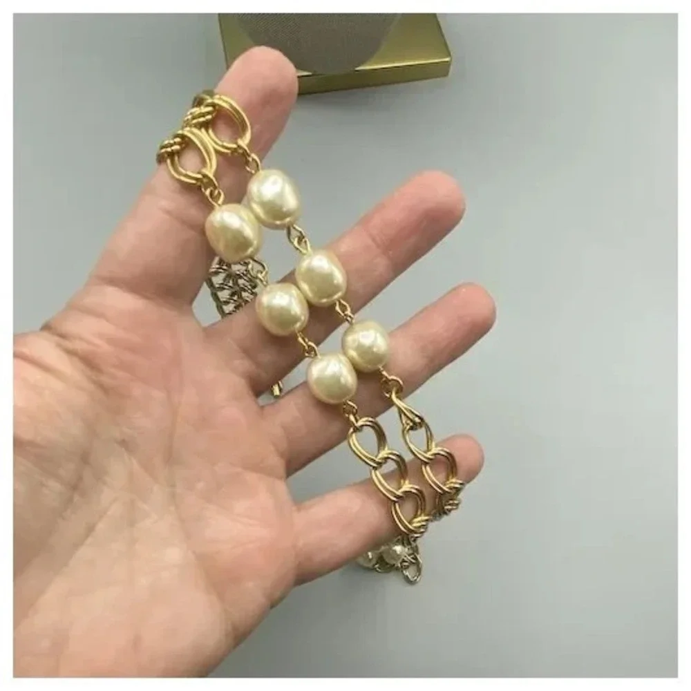 Napier Gold‎ Tone Chain Stationed Faux Pearl Chunky Link Necklace 35